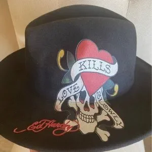 Ed Hardy Love Kills Slowly Fedora Hat NWT NWT Ed Hardy Black Fedora Hat Skull Tattoo/Rose/Dragon “Love  main image 3